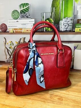 Michael Kors Alexis Red Leather Satchel Bag Gold Hardware